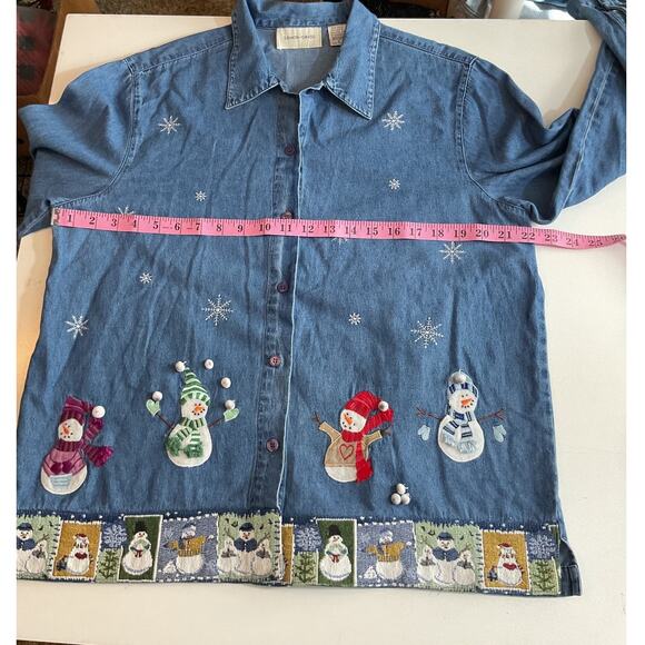 Vintage 90’s Lemon Grass Christmas Denim Shirt Top Snowman Sz Large - Picture 3 of 8